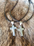 Heavy Gauge Silver Cross With Leather Cord Necklace