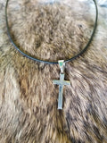 Sterling Silver Cross With Leather Cord Necklace