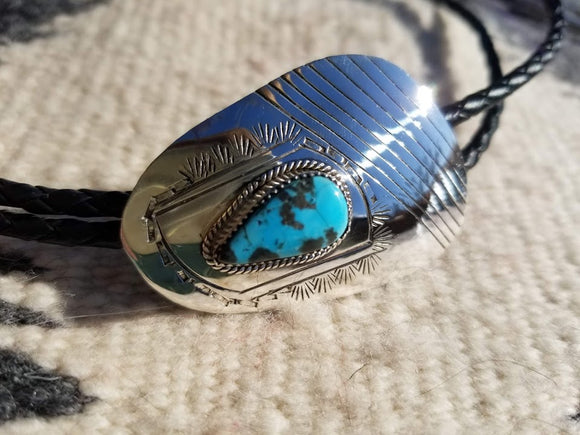 Kingman Turquoise Hammered Silver Bolo Tie